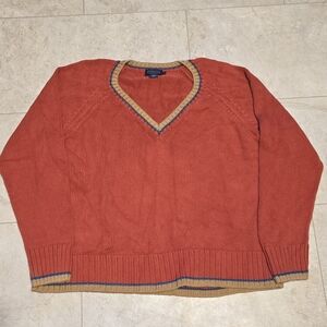 Pendleton Red V-Neck Sweater with Tan and Blue Accents